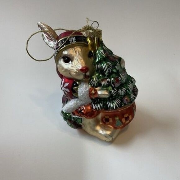 VTG Fitz and Floyd Blown Glass Ornament Lodge Rabbit Hugging Christmas Tree 4.5" - Picture 1 of 9